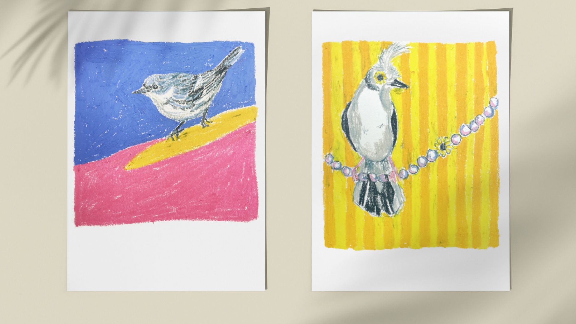 Ptačí společníci do vašich rámečků. Ilustrace olejovým pastelem. Tisk na A4.