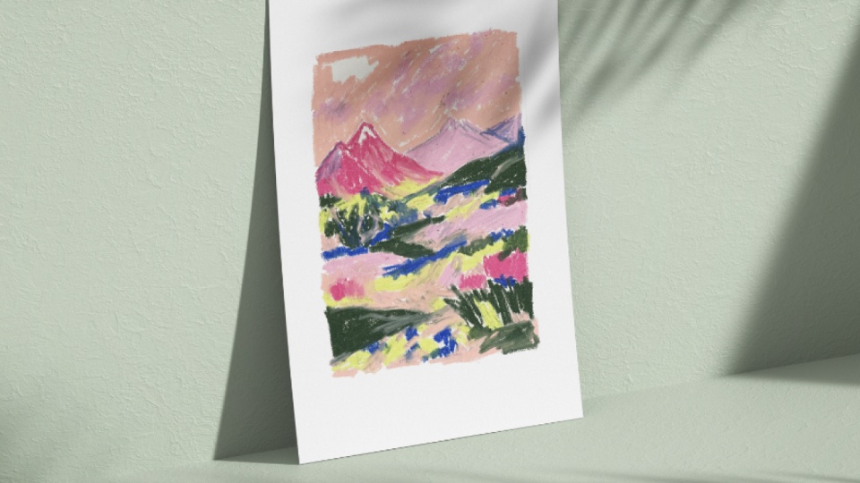 Růžové hory, růžové nebe, růžový svět. Ilustrace olejovým pastelem. Tisk na A4.